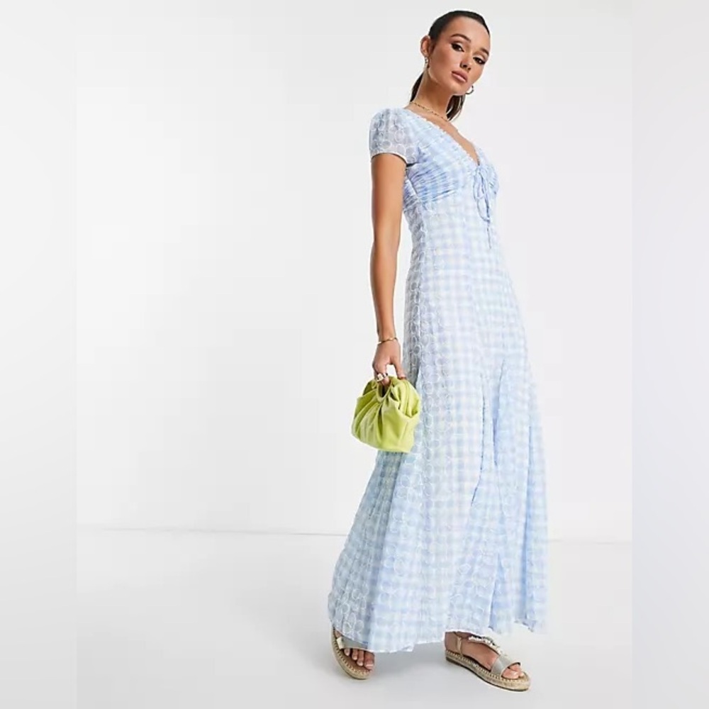 ASOS DESIGN blue/white ruched maxi dress with tie detail in gingham embroidered